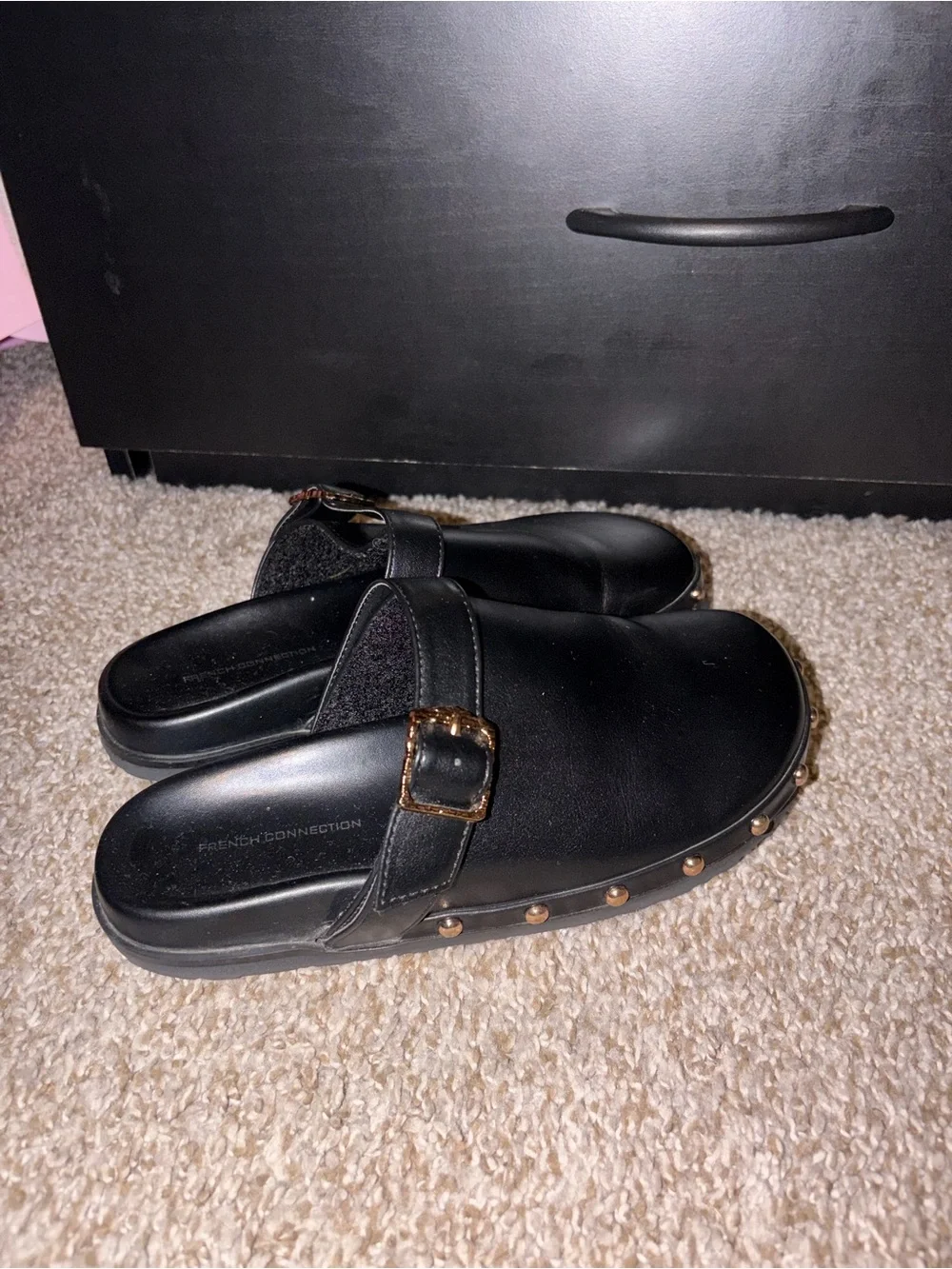 French Connection Black Leather Mule Clogs with Gold Studs and Buckle